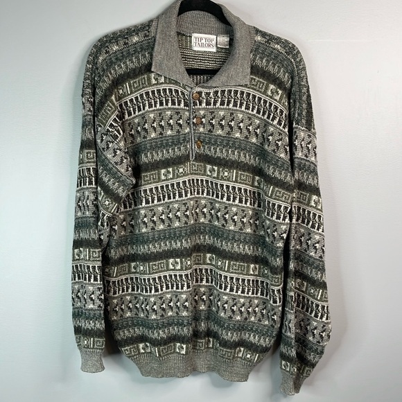 VINTAGE 90s Mens Wool Blend Tip Top FairIsle Style Polo Collar Sweater Grey M - Picture 11 of 11